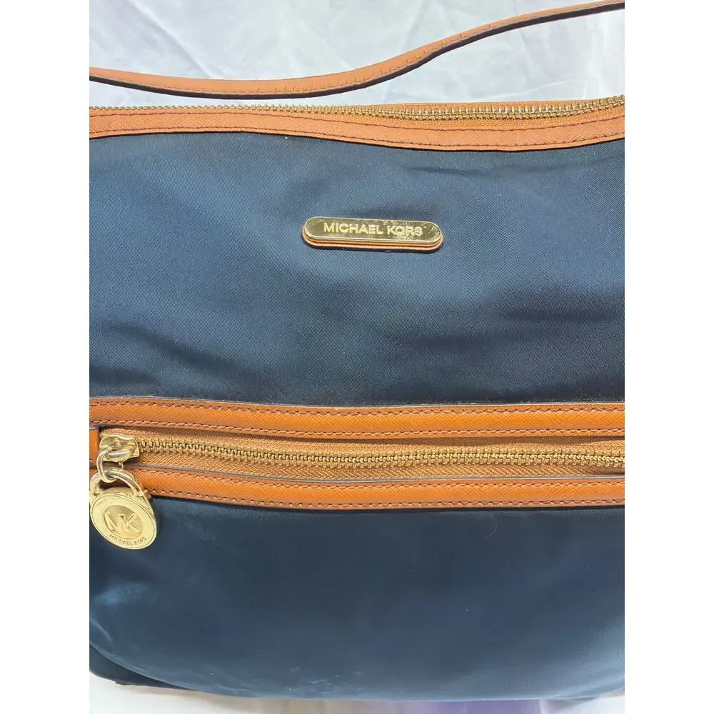 Michael Kors Navy Blue Nylon & Tan Leather Kelsey Shoulder Hobo Bag